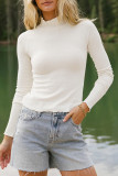 White Ribbed Knit Lettuce Trim High Neck Long Sleeve Top