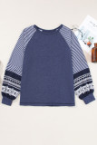 Navy Blue Contrast Print Striped Raglan Long Sleeve Loose Top