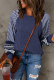 Navy Blue Contrast Print Striped Raglan Long Sleeve Loose Top