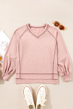 Delicacy Exposed Seam Textured Knit V Neck Pullover Top
