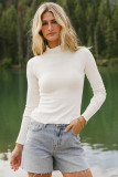 White Ribbed Knit Lettuce Trim High Neck Long Sleeve Top