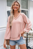 Delicacy Exposed Seam Textured Knit V Neck Pullover Top