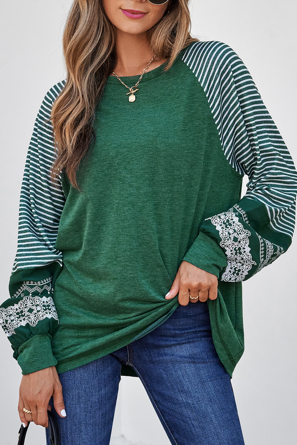 US$ 15.46 - Blackish Green Contrast Print Striped Raglan