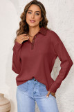 Red Dahlia Solid Color Long Sleeve Thermal Knit Polo Collar Patchwork Top