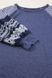 Navy Blue Contrast Print Striped Raglan Long Sleeve Loose Top