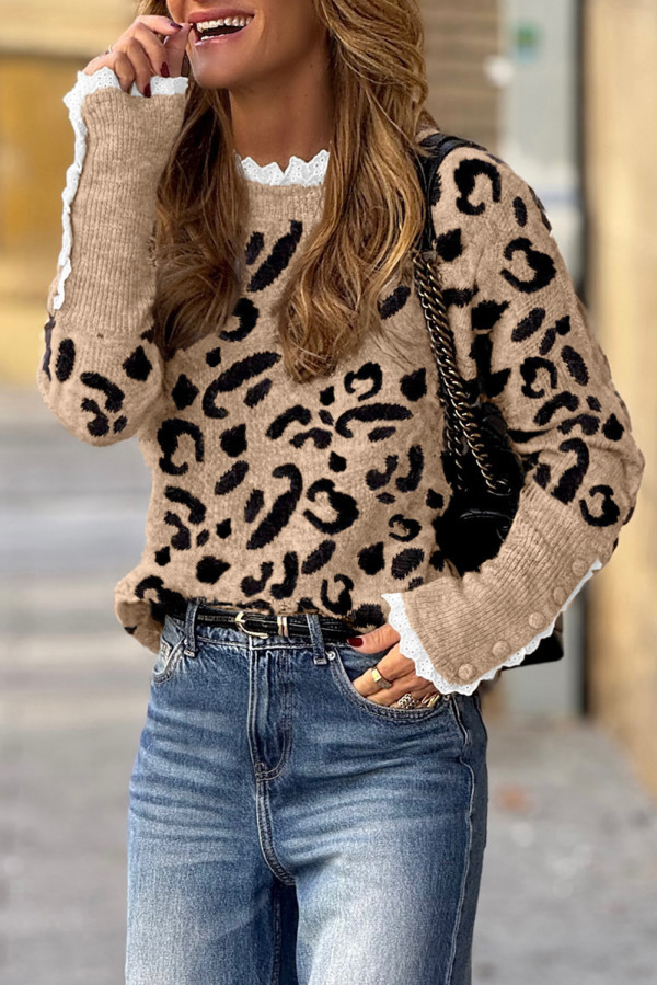 Brown Leopard Pattern Lace Ribbed Detail Button Cuffed Sweater
