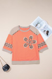 Grapefruit Orange Plaid Waffle Flower Patchwork Bracelet Sleeve Top