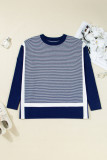 Blue Stripe Color Block Patchwork Dolman Oversize Tunic Sweater