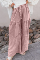 Straw Yellow Mineral Wash Tiered Wide Leg Patchwork Drawstring Pants