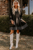 Black Contrast Stitched V Neck 3/4 Sleeve Tiered Mini Dress