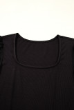 Black Polka Dot Mesh Puff Sleeve Patchwork Ribbed Square Neck Slim Top