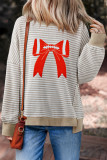 Brown Stripe Chenille Bow Patched Drop Shoulder Long Sleeve Top