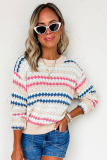 Khaki Stripe Eyelet Patterned Drop Shoulder Sweater