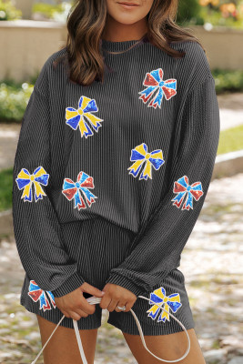 Carbon Grey Colorful Sequin Bow Patched Long Sleeve Top and Shorts Twisted Rib 2pcs Outfit