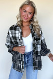 Black Plaid Print Textured Knit Buttoned Shacket