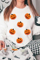 White Pumpkin Face Patched Pattern Halloween Crew Neck Sweatshirt