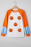 Light Grey Chenille Halloween Pumpkin Patched Color Block Patchwork Long Sleeve Top