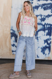 Beau Blue Drawstring Seam Detail Raw Hem Wide Leg Denim Pants