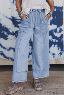 Beau Blue Drawstring Seam Detail Raw Hem Wide Leg Denim Pants