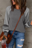 Gray Contrast Print Striped Raglan Long Sleeve Loose Top