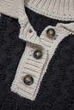 Multicolour Color Block Cable Knit Sleeve Buttons Collared Sweater