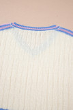 White Striped V Neck Dolman Sleeve Rib Knit Oversized Sweater with Slits