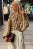 Gold Metallic Balloon Sleeve Buttoned High Neck Loose Blouse