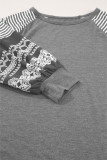 Gray Contrast Print Striped Raglan Long Sleeve Loose Top