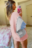 Apricot Pink Exposed Seam Color Block Patchwork Slit Cuffs Oversize Sweatshirt