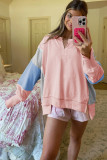 Apricot Pink Exposed Seam Color Block Patchwork Slit Cuffs Oversize Sweatshirt
