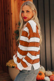 Brown Stripe Ribbed Polo Collar Drop Shoulder Sweater
