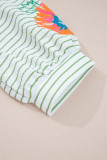 Green Stripe Flower Puff Sleeve Notched V Neck Babydoll Blouse