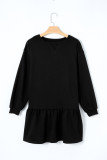 Black Solid Color Puff Sleeve Ruffle Hem Mini Dress
