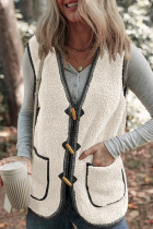 White Sherpa Contrast Trim Patch Pocket Cartridge Toggle Button Vest