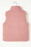 Apricot Pink Corduroy Stand Neck Zipped Puffer Vest