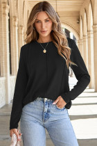 Black Solid Exposed Seam Crew Neck Long Sleeve Top
