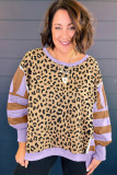 Purple Leopard Striped Patchwork Plus Size Loose Sweatshirt