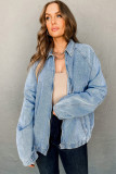 Myosotis Elastic Edge Collared Zip Up Denim Jacket With Pocket