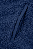 Navy Blue Fleece Zip Up Drawstring Hooded Pocketed Jacket