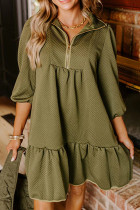 Jungle Green  Quarter Zip Collar Bracelet Sleeve Textured Mini Dress