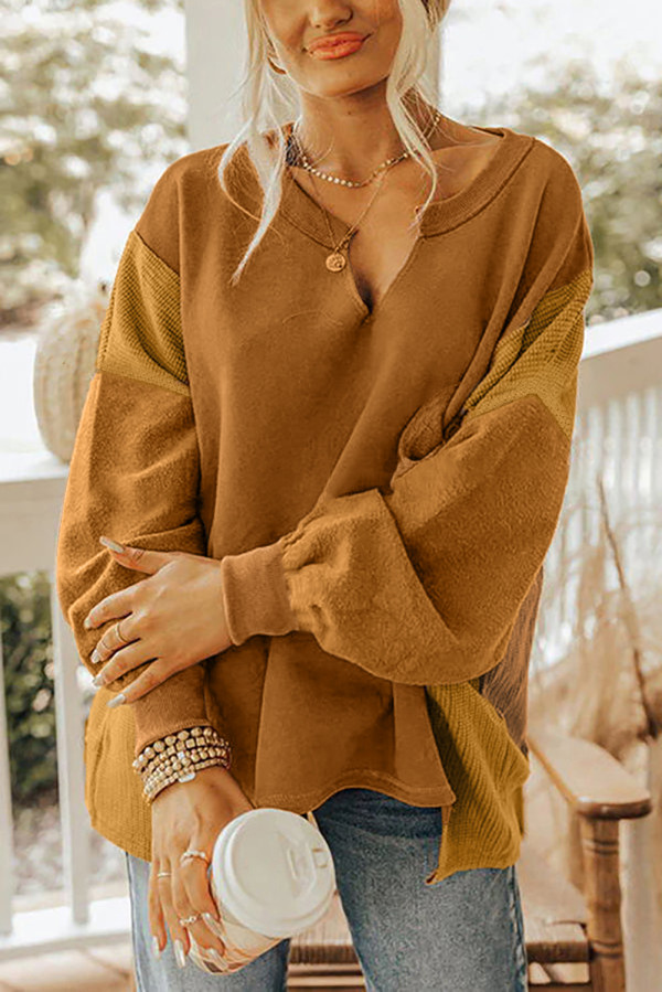 Multicolor Oversized Mixed Textured Split Neck High Low Patchwork Sweatshirt