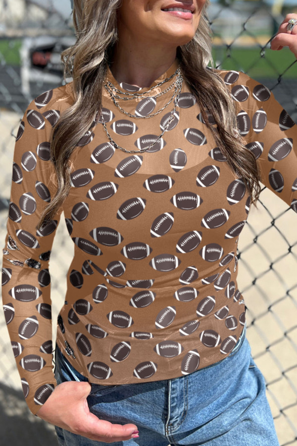 Brown Game Day Rugby Mesh Sheer Long Sleeve Top