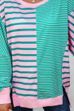 Green Stripe Mix Pattern Color Block Patchwork Side Slit Baggy Sweatshirt