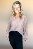 Light Pink V Neck Sequin Plisse Long Sleeve Blouse