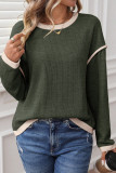 Four Leaf Clover Contrast Color Trim Knit Drop Shoulder Loose Top