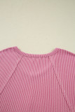 Pink Twisted Rib Texture Exposed Seam Patchwork Loose Long Sleeve Top