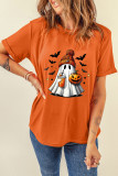 Orange Playful Halloween Ghost Pumpkin Print Womens Casual Tee