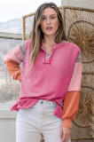 Rose Red Corded Texture Plaid Colorblock Patchwork Split Neck Long Sleeve Top