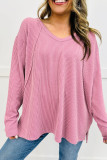 Pink Twisted Rib Texture Exposed Seam Patchwork Loose Long Sleeve Top