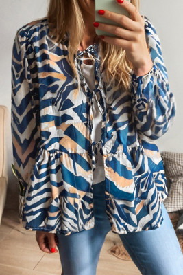 Blue Zebra Print Tied Front Puff Sleeve Top